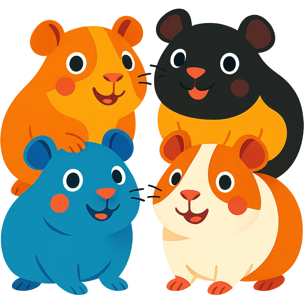 four happy and cute guinea pigs, different colors, colorful and friendly illustration style, white background emoji