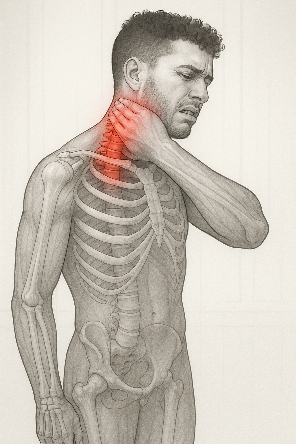Uomo con dolore per infortunio vista anatomica in piedi con dolori cervicali emoji