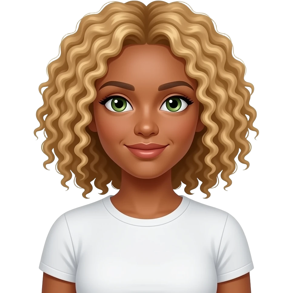 Делай тёмно кожу блондинку с кудрявыми волосами и с зелёными глазами в футболке скимс с белым цветом но не сильно тёмный смуглый emoji