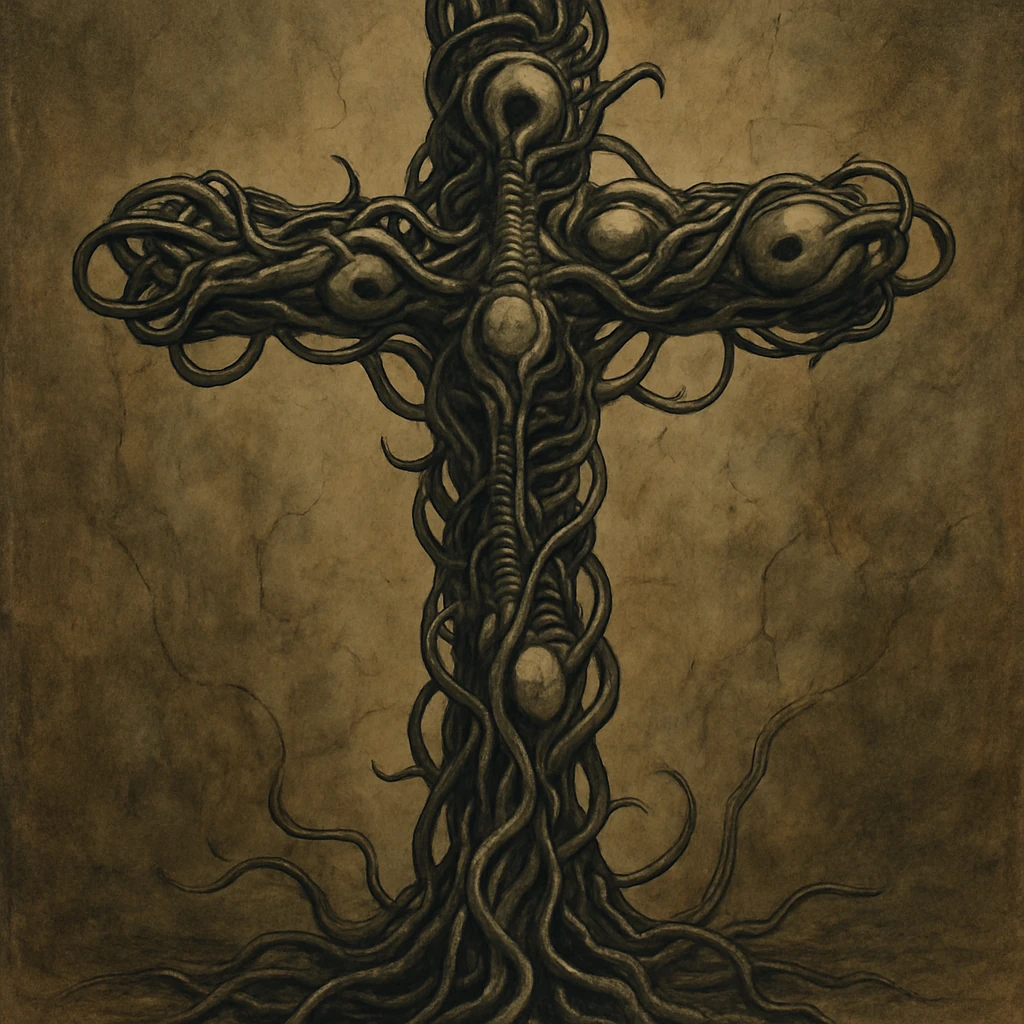a cross made of twisted wires and organic forms, inspired by Giger, biomechanical aesthetic emoji