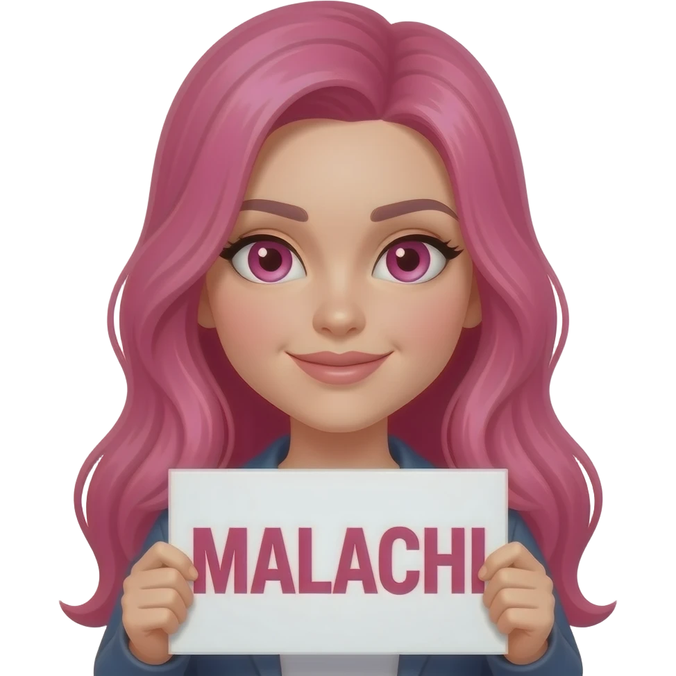 sexy girl with long pink hair and pink eyes holding a MALACHI sign emoji
