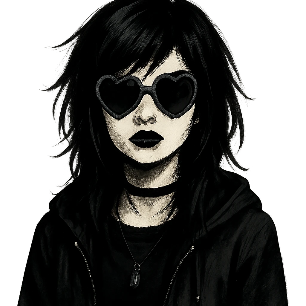emo girl with heart-shaped sunglasses, dark hair, mysterious vibe emoji