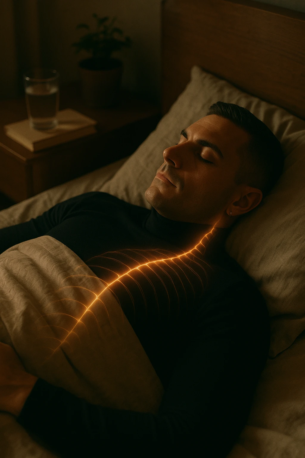 A cinematic close-up of a man in his early 30s sleeping peacefully on his back in a softly lit bedroom. His breathing is calm, chest rising slowly. The sheets are slightly crumpled, natural linen textures in warm beige tones. His face is relaxed, with faint light illuminating the side of his cheek and temple from a nearby window. Around his body, faint glowing lines follow the spine and head, symbolizing deep nervous system recovery and hormonal balance. On the nightstand: a glass of water, a book, and no electronics. The room is quiet and grounded, with natural elements like a small plant and a wooden headboard. Shot in 35mm cinematic style, with warm ambient tones, shallow depth of field, and a peaceful, healing atmosphere emoji