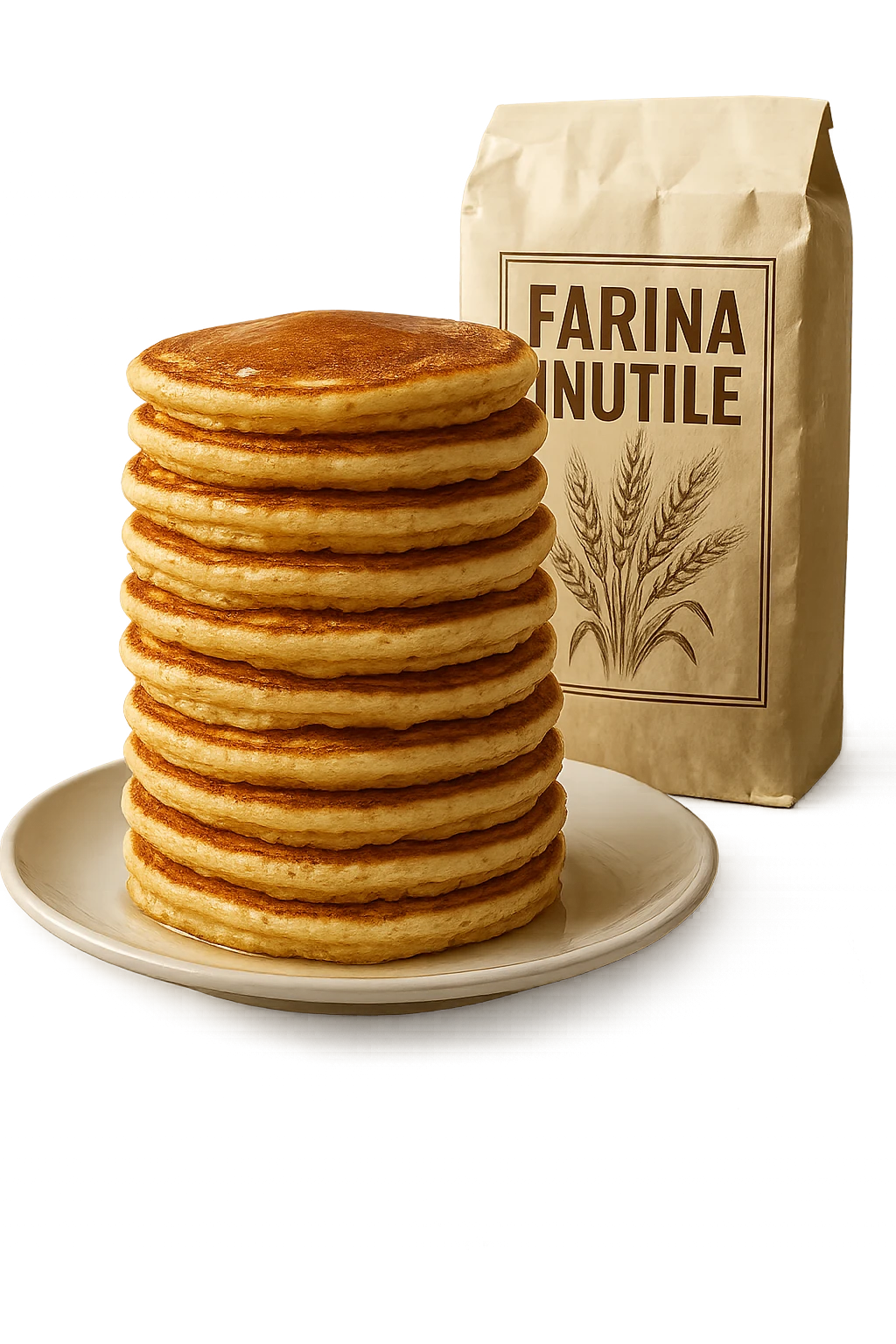 UN PIATTO CON TORRETTA DI PANCAKE E UN PACCO DI FARINA DIETRO CON LA SCRITTA "FARINA INUTILE" SUL PACCO,  iperrealistico 4k emoji