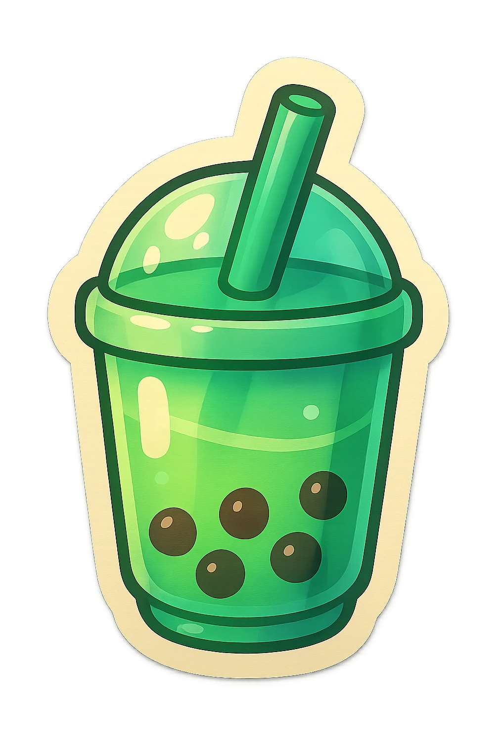 cute pastel green bubble tea cup with a straw, soft rounded friendly cup, expressive shadows and highlights, playful charming vibe, retro sticker style emoji