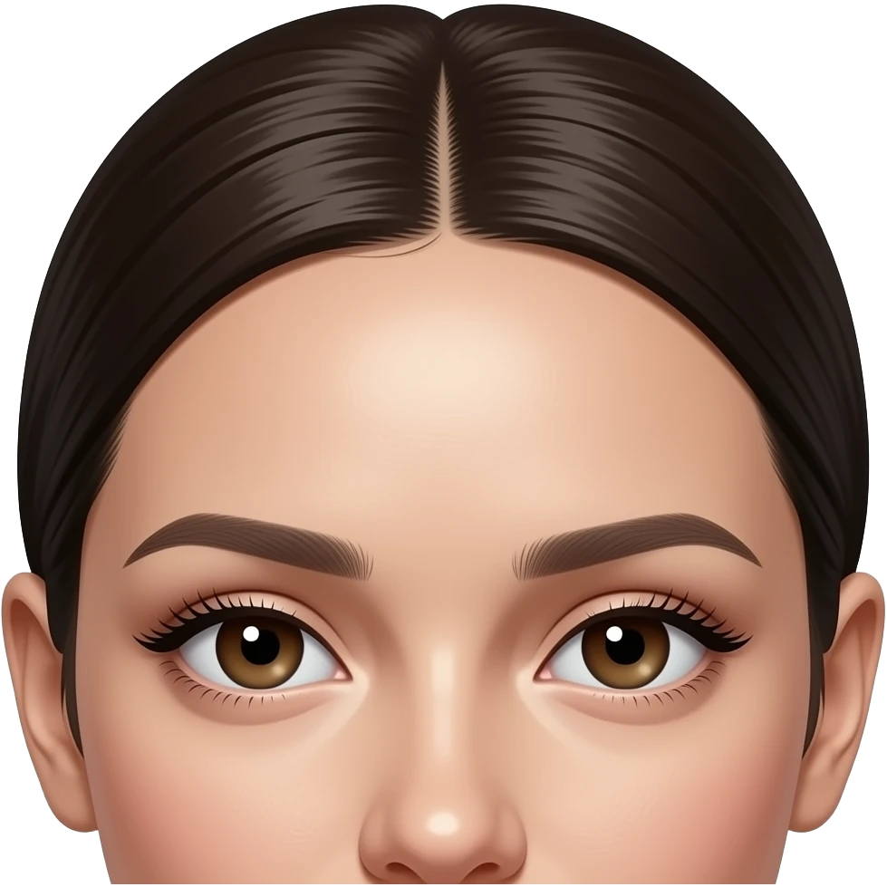 Close-up portrait of a woman’s forehead and eyes, hair slicked back tightly into a clean hairstyle, smooth glowing skin with a shiny highlight on the center of the forehead, minimal makeup, natural brows and lashes, soft lighting, symmetrical composition, high detail skin texture emoji