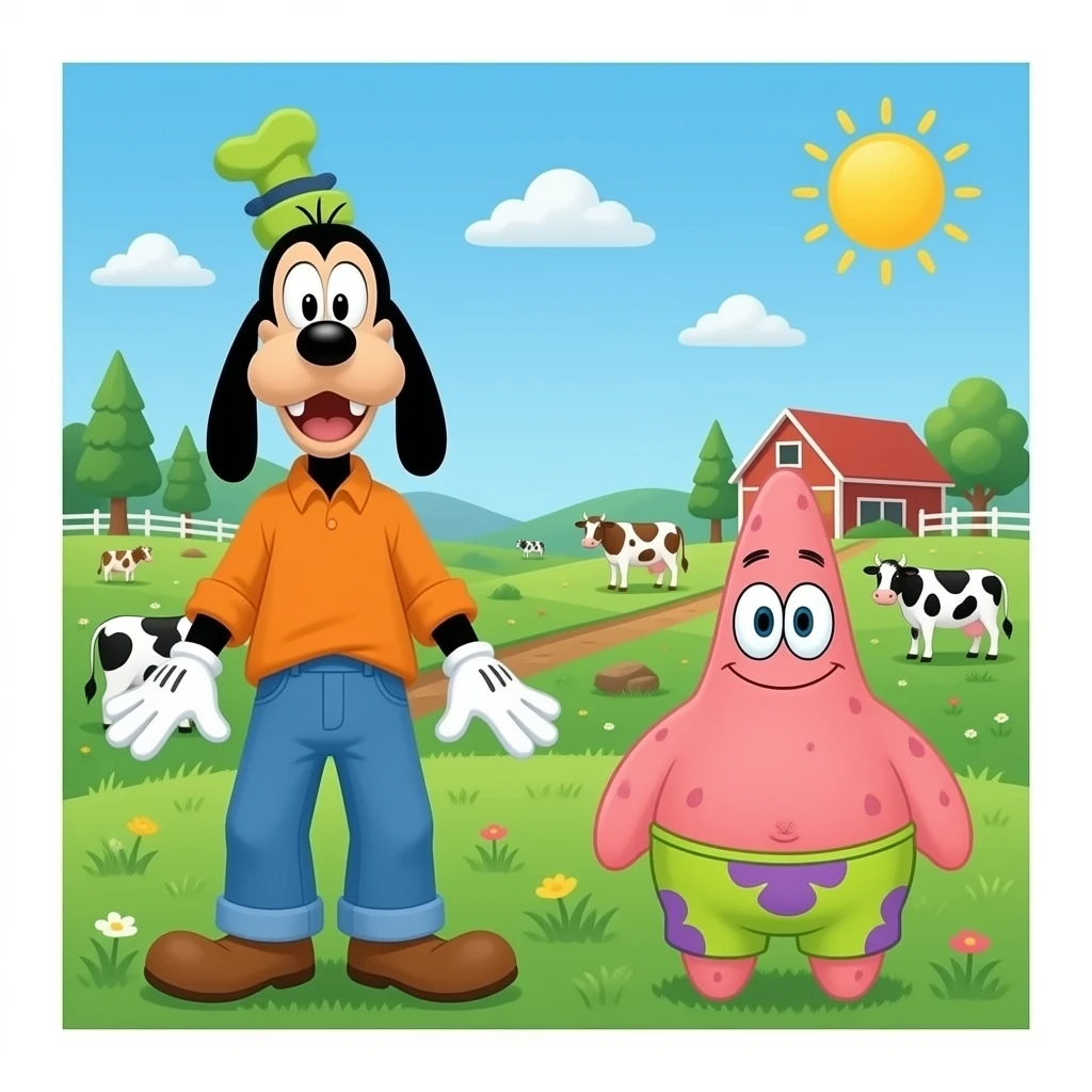 Goofy (Mickey Mouse) Full Body/ Patrick Star (SpongeBob) Full Body/ Farm with Cows Background on it emoji