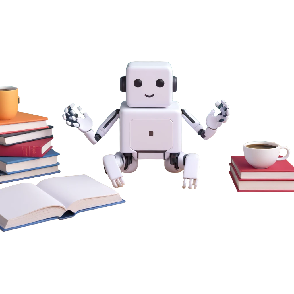 Cute desk companion bot — small cube-shaped AI assistant with articulated arms, sitting on a desk with books and coffee. emoji