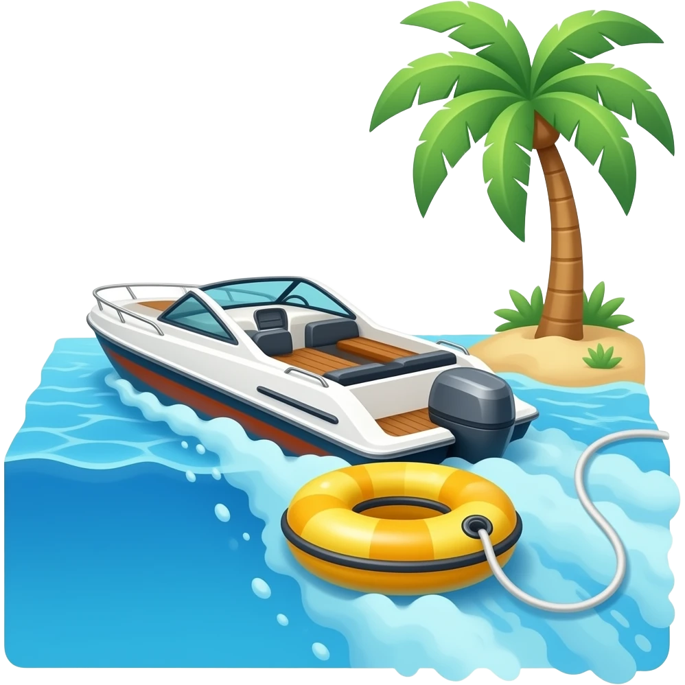 Speed boat in tropical water with water tubing on the back. excursion emoji