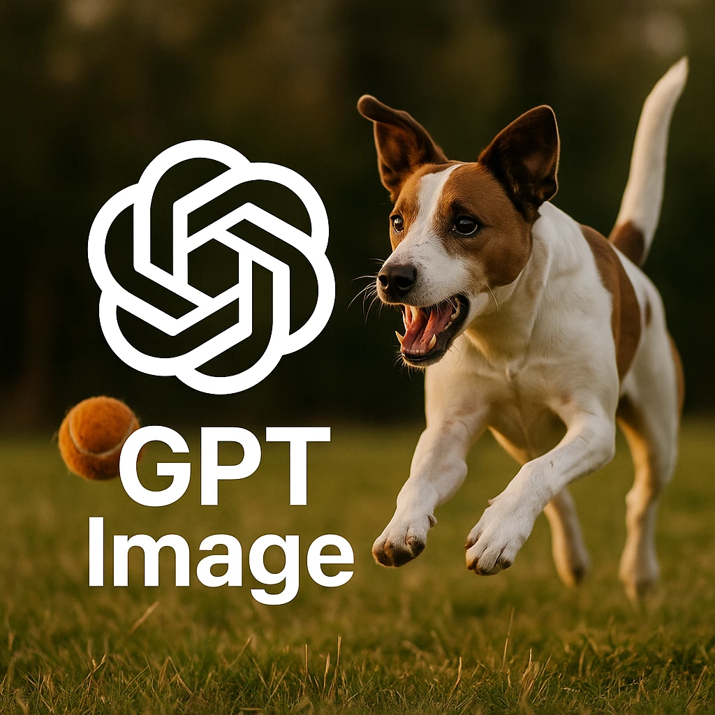  logo of chat gpt with text "GPT Image" on the background of a dog chasing ball, realistic image emoji