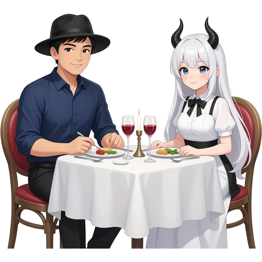 romantic date at a dinner table. The guy is asian an wears a black fishing hat and a dark blue shirt. The girl is dressed as an anime girl with a white wig and black horns emoji