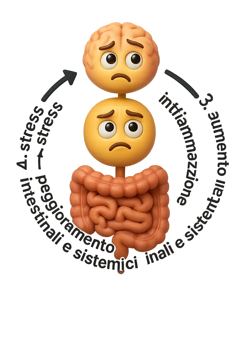 EMOJI STILE IPHONE 3D DI un cerchio con queste scritte che girano intorno in ordine per come li ho scritti "1. stress → 2. peggioramento intestinale → 3. aumento infiammazione → 4. peggioramento sintomi intestinali e sistemici." al centro del cerchio metti un cervello e intestino umani collegati verticalmente con espressione dubbiosa in volto, FALLO MOLTO REALISTICO IN 3D emoji