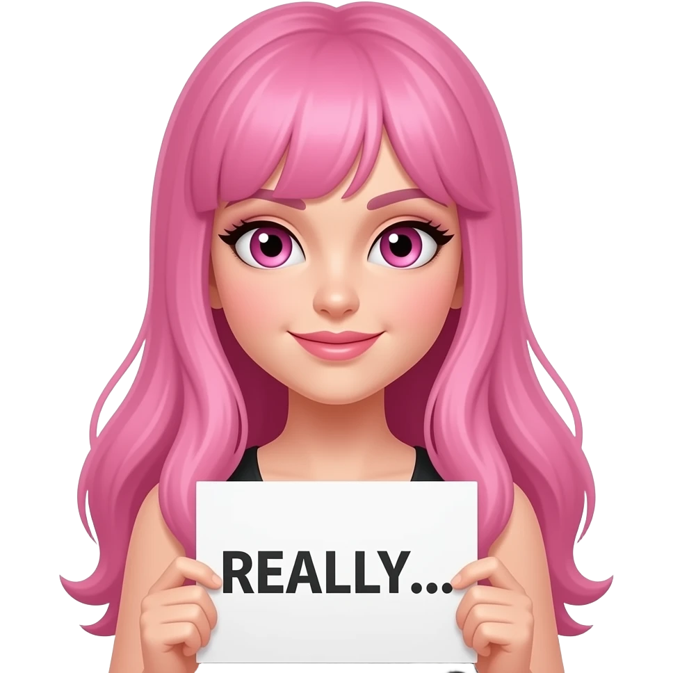 sexy girl with long pink hair and pink eyes wearing a holding a REALLY... sign emoji