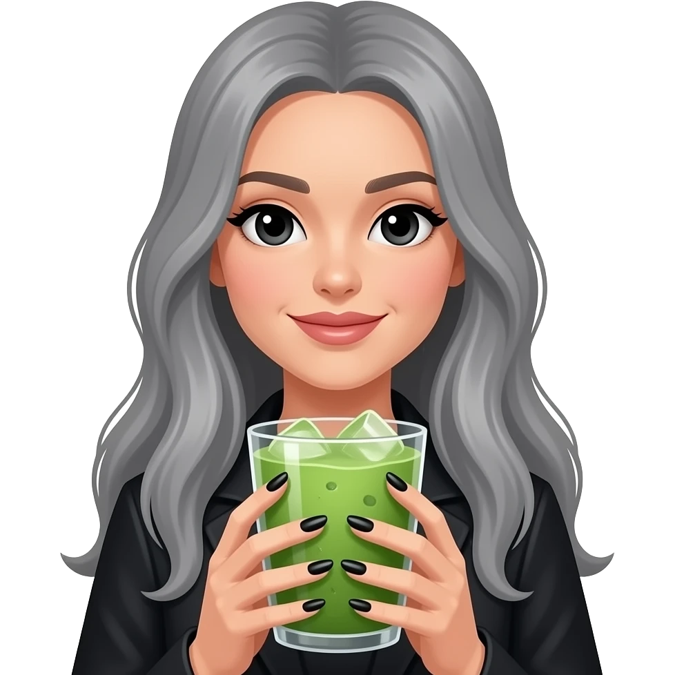lady with black eyes and grey really long hair, long black nails and holding a big iced matcha emoji