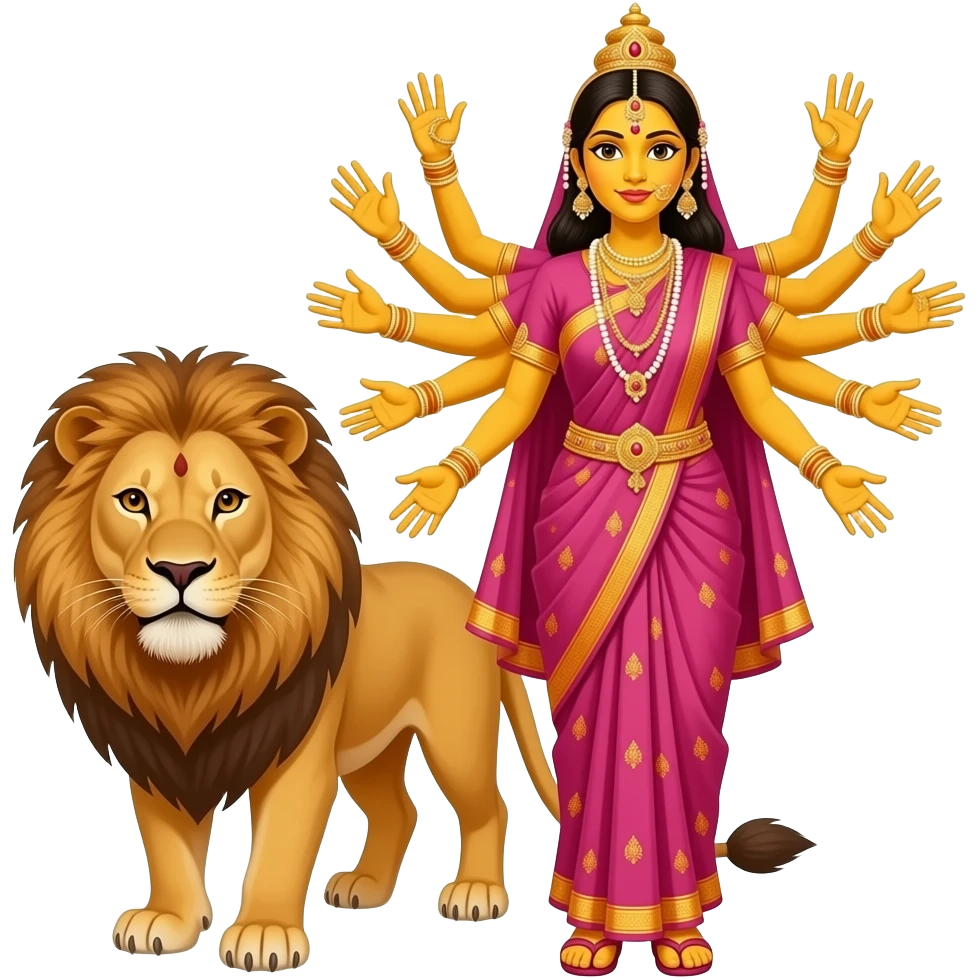 A bengali yellow skinned bride with exactly ten empty hands standing beside a lion with ALL hands in front emoji