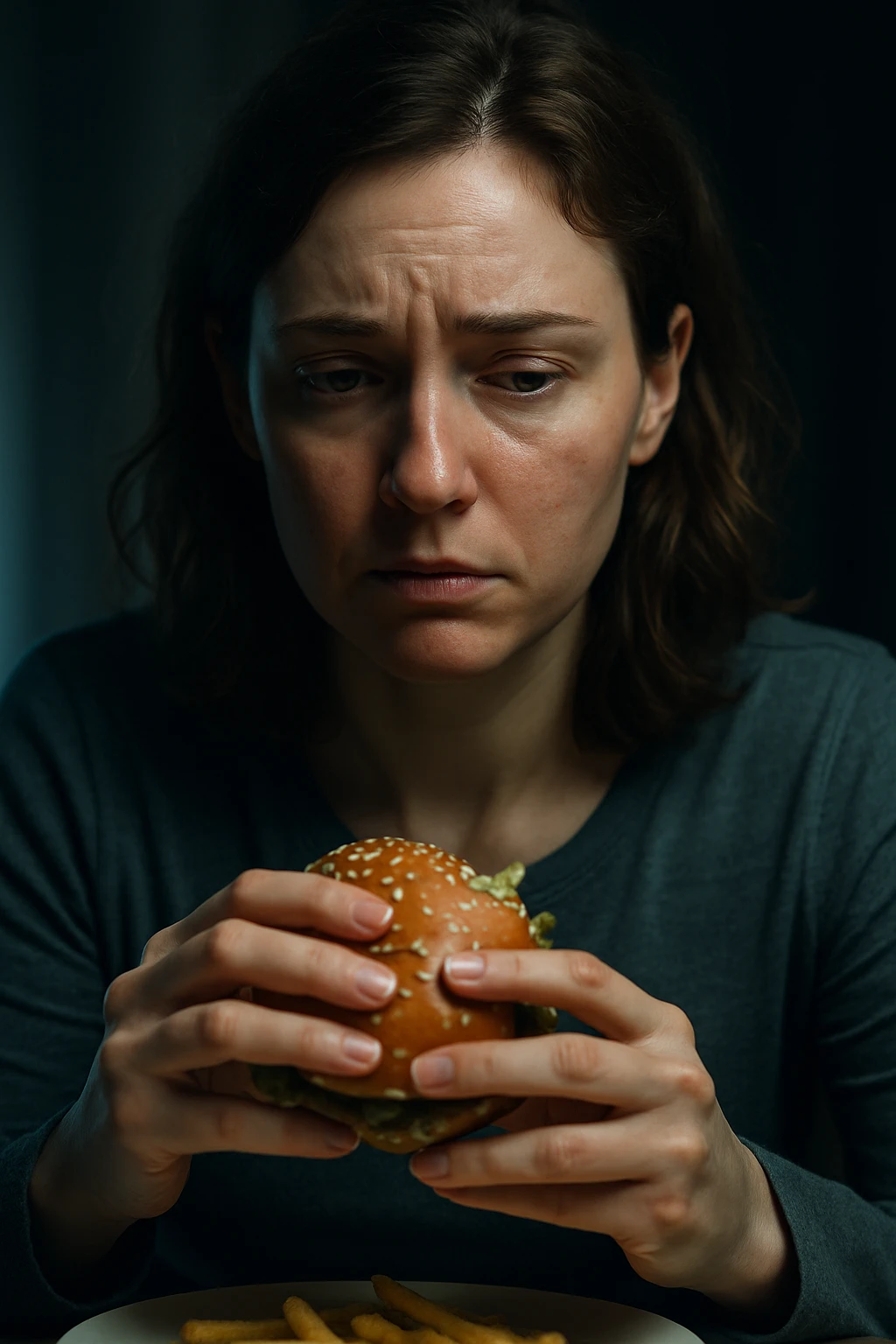 realistic and cinematic image of a woman with symptoms of nervous hunger related to menstrual cycle, gaze directed towards food, realistic details, clinical dramatic lighting, no text, vertical 2:3 format emoji