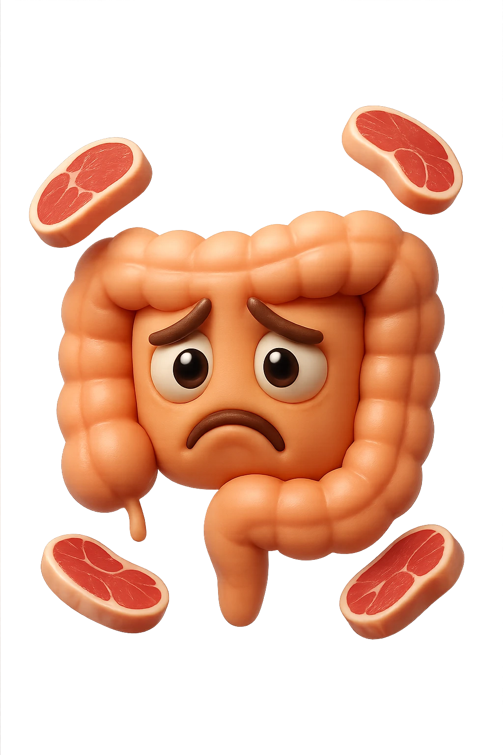 emoji stile iphone in 3d di un intestino triste con fette di carne che gli fluttuano intorno, gli occhi falli con la parte bianca pure, iperrealistico 4k emoji