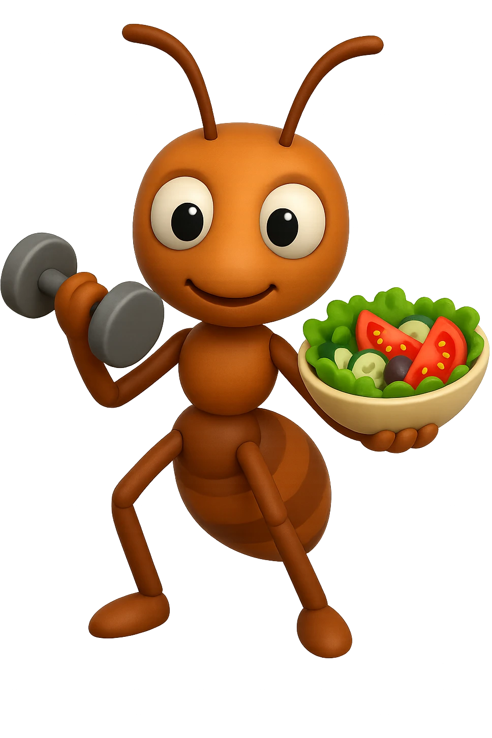 EMOJI STILE IPHONE 3D DI UNA formica CHE ha un manubrio da palestra nella mano destra e un insalata nella mano sinistra, FAGLI GLI OCCHI CON LA PARTE BIANCA, NON SOLO LA PUPILLA emoji