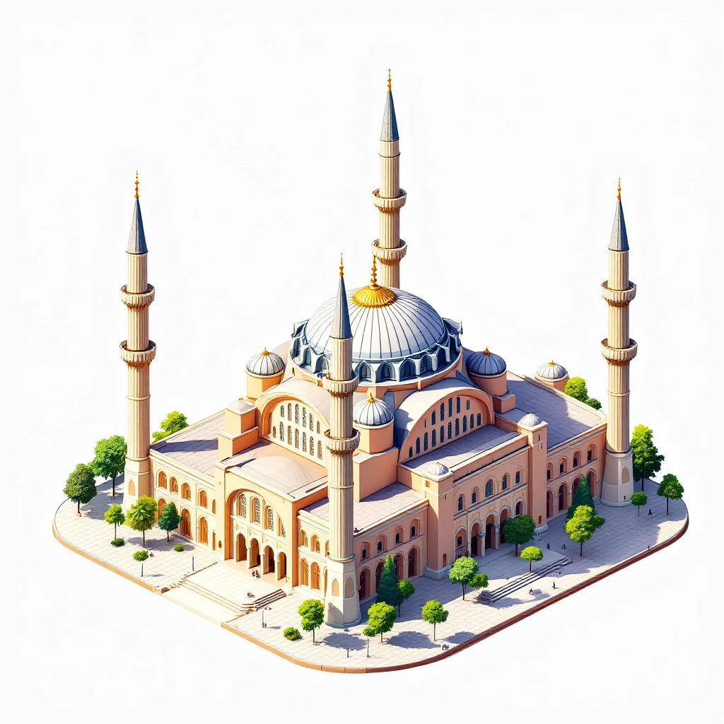 Isometric illustration of Istanbul, featuring real photorealistic Hagia Sophia with ts large central dome and four tall minarets, transparent background emoji