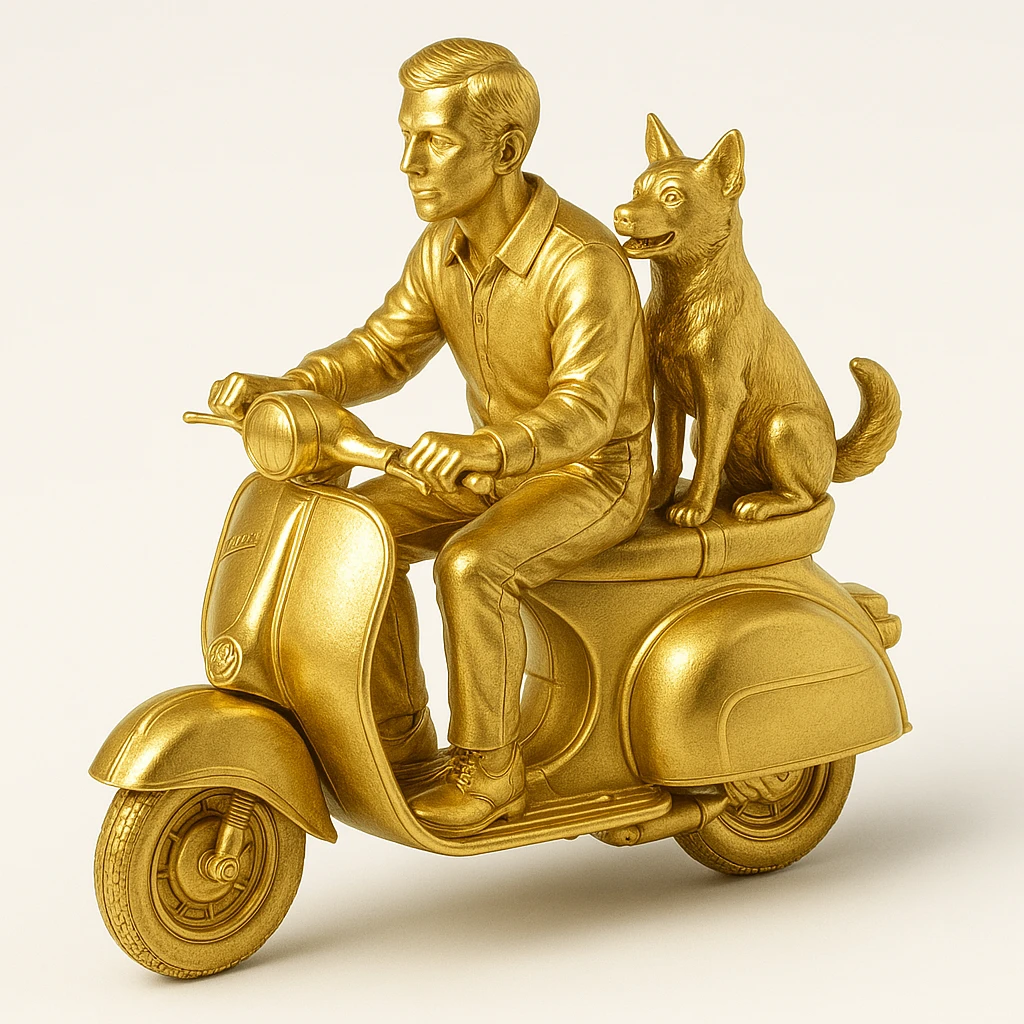 man and his pet dog riding a vespa emoji