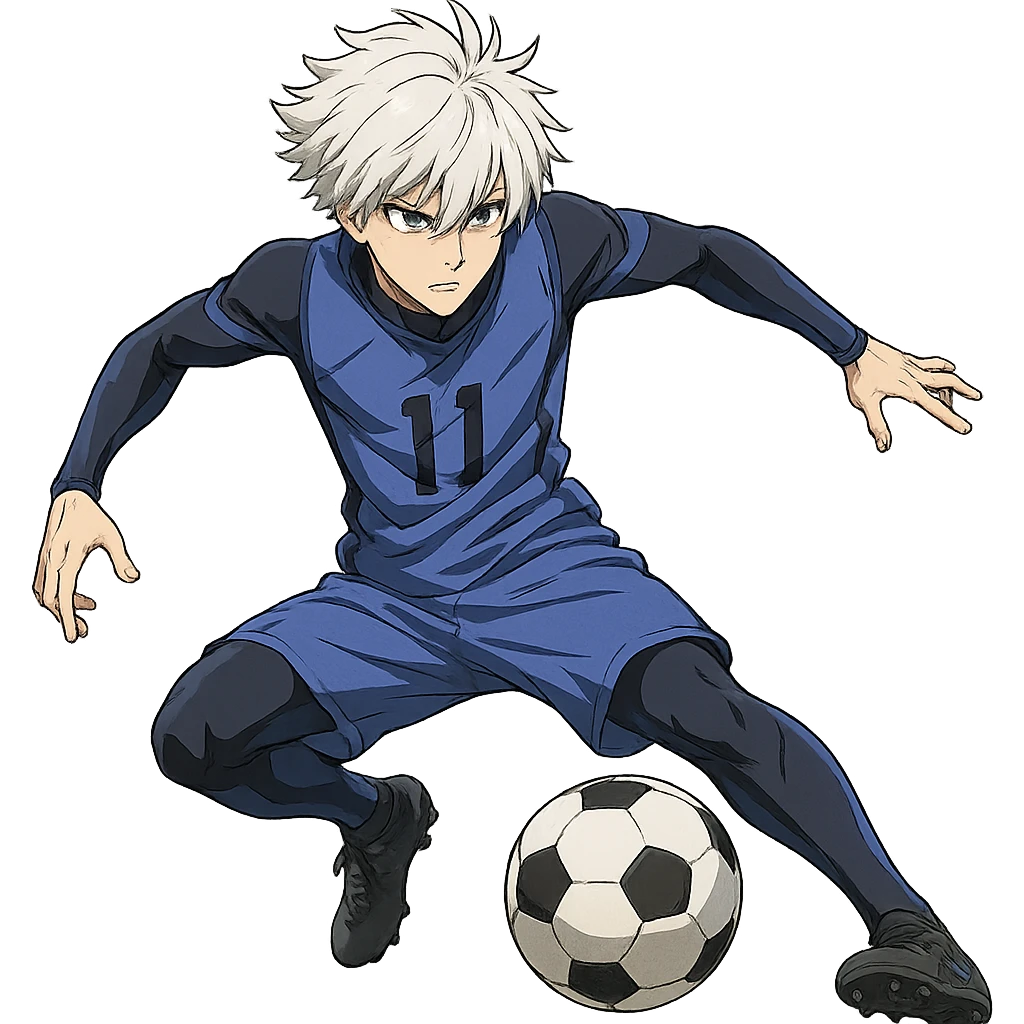 Nagi Seishiro from Blue Lock, anime style, dynamic soccer action pose, white hair, intense expression, detailed blue uniform emoji