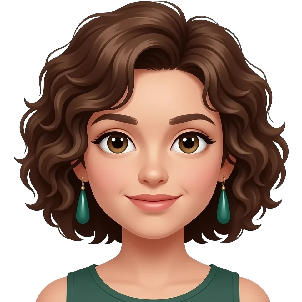 a gril with curly brown short hairs wear a dark green color long earings emoji