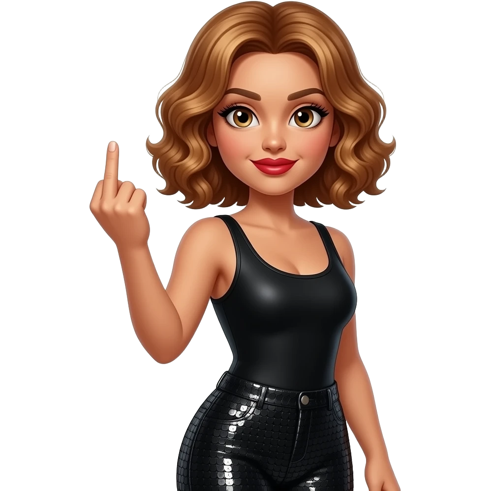 glamours,-tanned,-very-beautiful-woman-with-big-plump-red-lips,-long-long-lashes,-honey-silky-very short- hair,-wavy-hair,-hazel-eyes- wearing-black-bodysuit-and-black-sequinned-pants-black-and-sticking-up-middle-finger-waist-up emoji