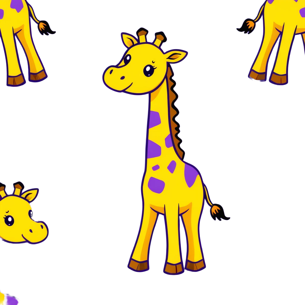 joyful cartoon giraffe dancing on hind legs, front hooves raised, big toothy smile, stars in eyes, bright yellow and brown, thick black outlines emoji