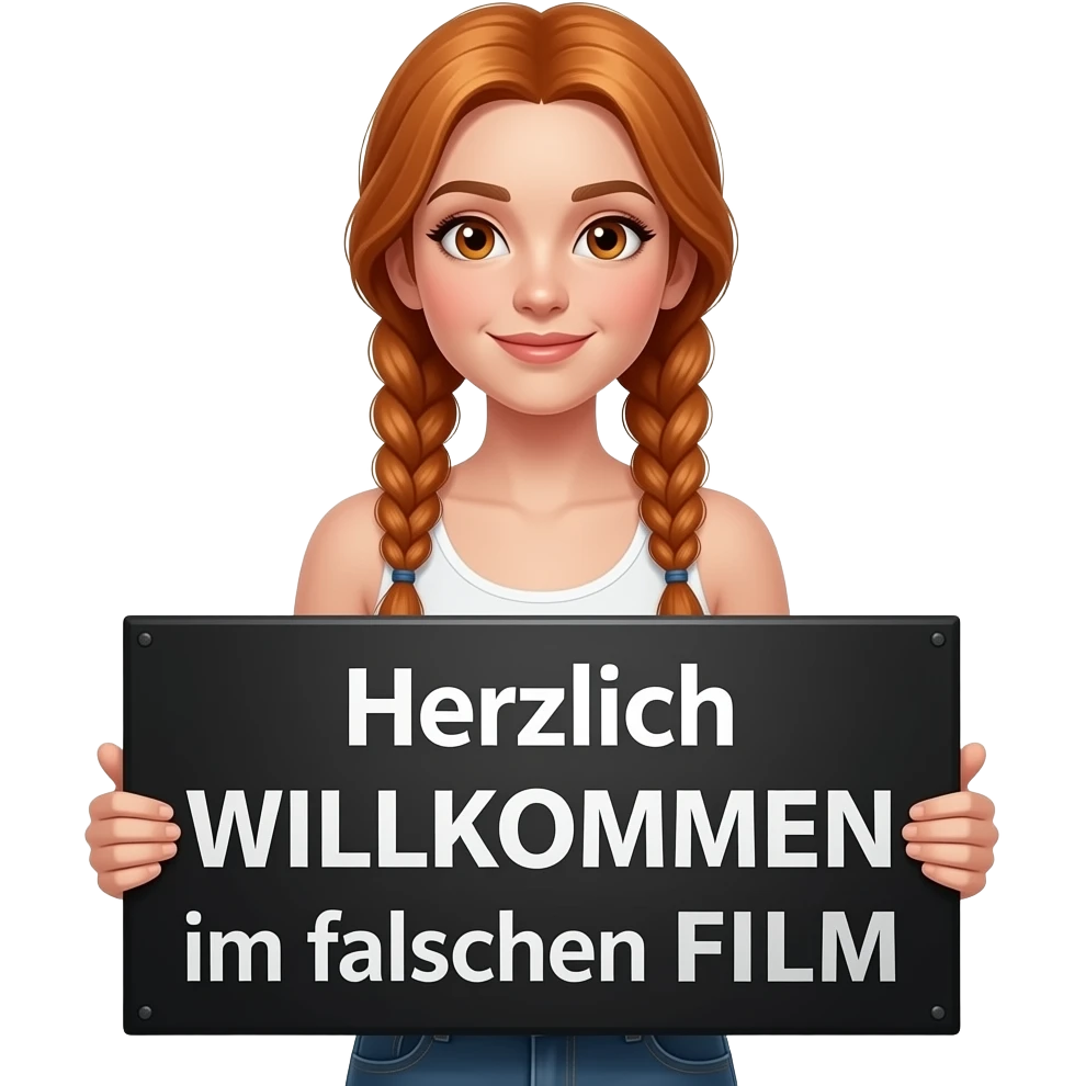 sexy girl with long ginger braids and ginger eyes wearing a white tanktop is holding a big black sign with Herzlich WILLKOMMEN im falschen FILM written on it emoji