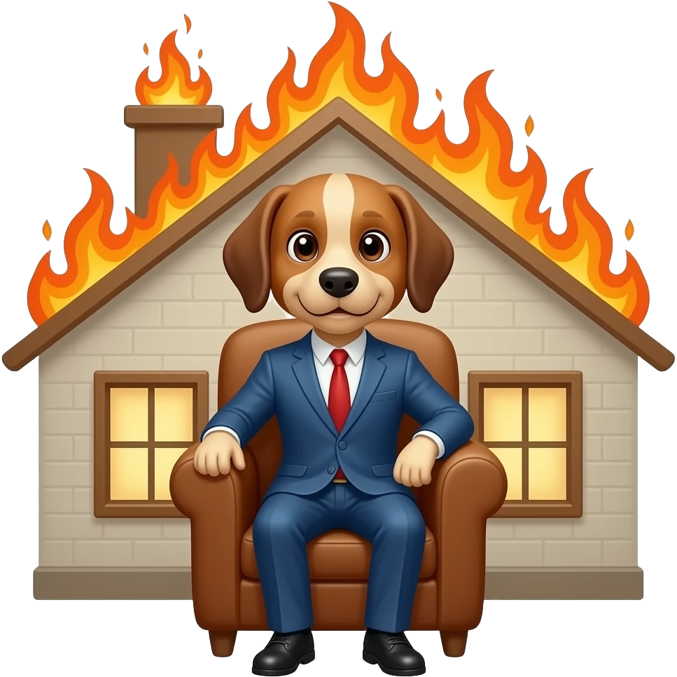 crea un emoji de un perro sentado en una silla como una persona y atras se esta quemando la casa emoji