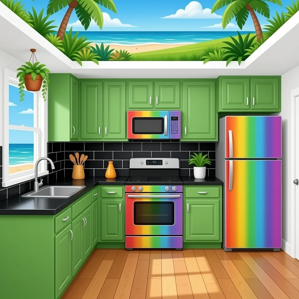 fancy beachside kitchen with black wall tiles, grass green cabinets, rainbow metal microwave, stove and fridge, black countertops, wood floors, grassy mural on the ceiling, hanging decorative plants emoji