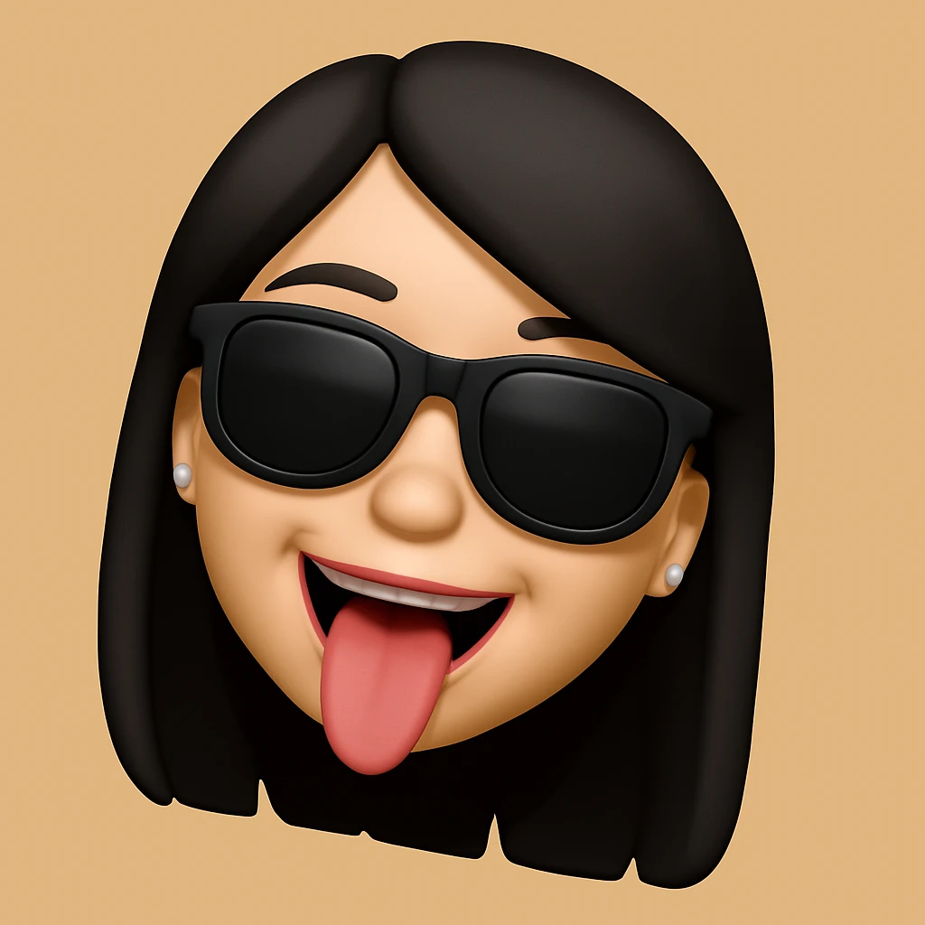 Create a 3D cartoon style memoji of a girl with black hair, wearing dark sunglasses, with a fun expression. Clone the style of the reference image, maintaining the 3D memoji cartoon look and playful vibe. emoji