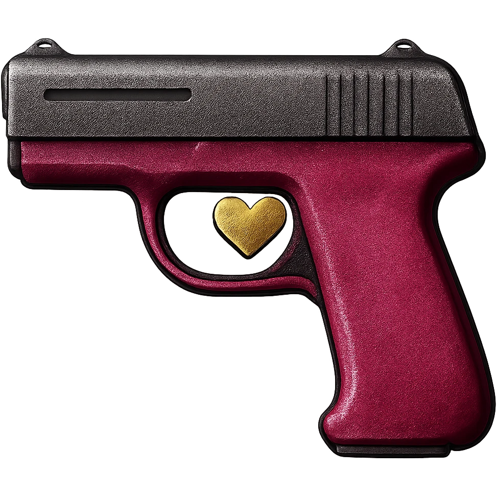 Make this stylized pink pistol with a heart-shaped trigger look more realistic with metallic textures and realistic lighting, keeping the background transparent. emoji