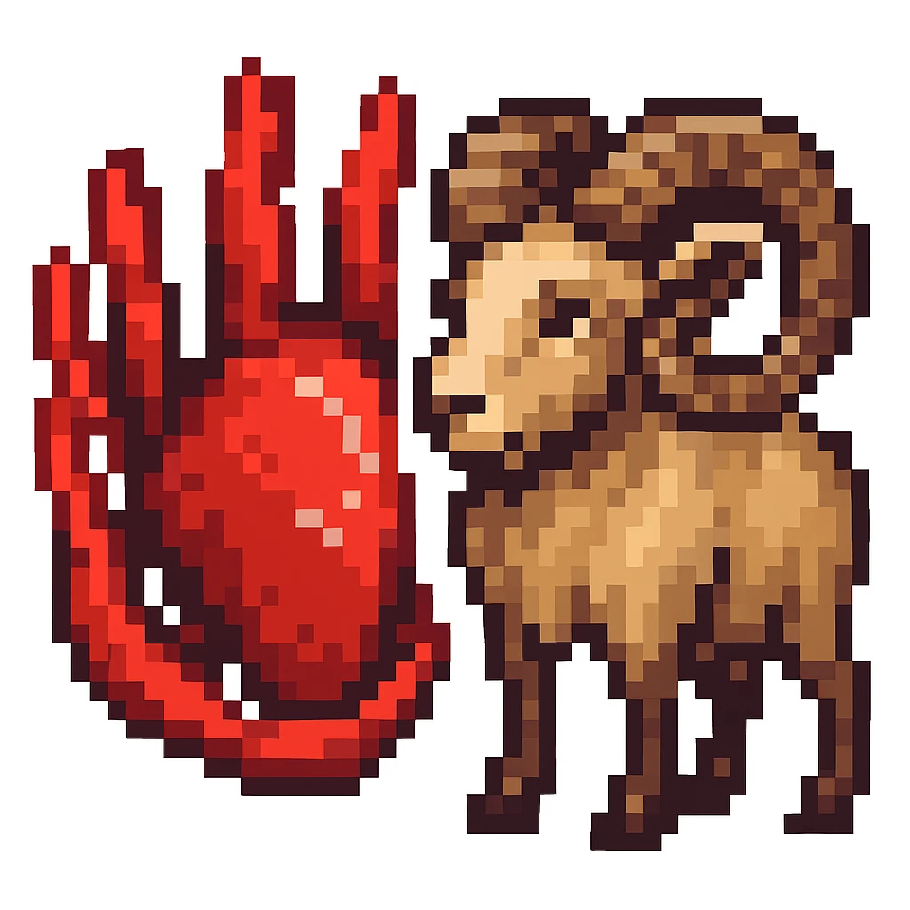 Edit the image to make the claw symbol red and add a ram in pixel art style. Remove the background. The style should be pixel art with pixelated details and colors. emoji