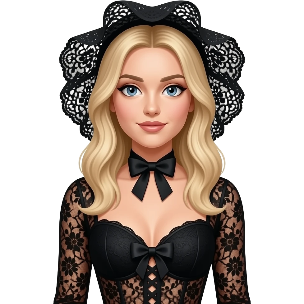 Sabrina Carpenter blonde wears a striking black lace bodysuit paired with an oversized, sculptural lace ruff that frames the head and shoulders like a dramatic fan. a satin sweetheart neckline and a central bow detail, transitioning into intricate floral lace throughout the torso. emoji