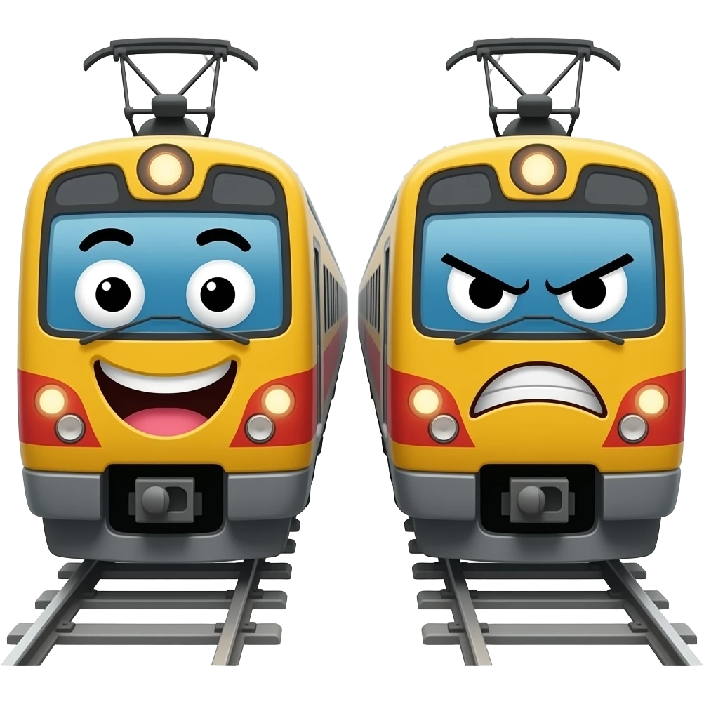 2 train at the station with doodle faces the first train laughing and the angry face on the other train emoji