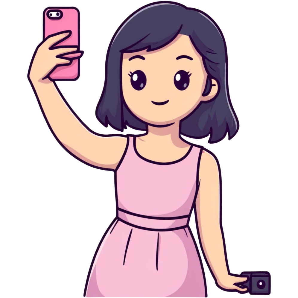 girl wearing a cute pink dress taking a selfie emoji