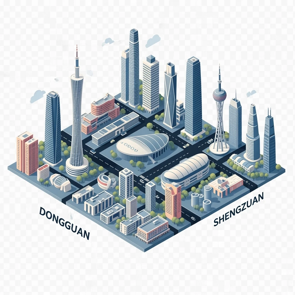 Isometric minimalistic illustration of mix Guangzhou, Shenzhen and Dongguan subtle 3D miniature effect and Tilt Shift effect, no cartoonish look, transparent background. emoji