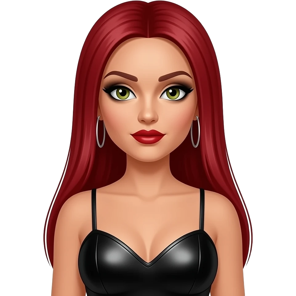 Carmit Bachar from The Pussycat Dolls with hazel green eyes, long red straight hair, black eyeshadow, red lipstick, black metallic sweetheart dress, earrings emoji