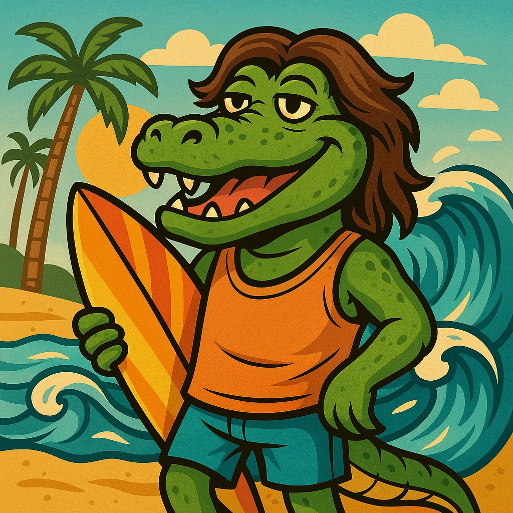 Transform the gangster alligator cartoon into a surfer beach bum with brown hair and a relaxed vibe. Add beach elements like a surfboard or waves around him, keeping the cartoon style consistent and fun. emoji