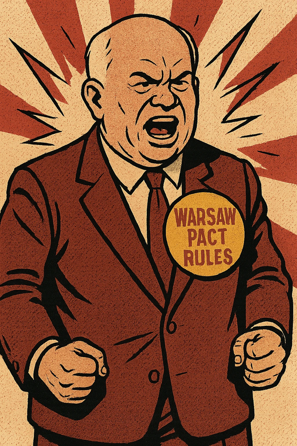 Soviet leader Khrushchev looking aggressive clenching his fists by his side wearing a large badge which says 'Warsaw Pact Rules' emoji
