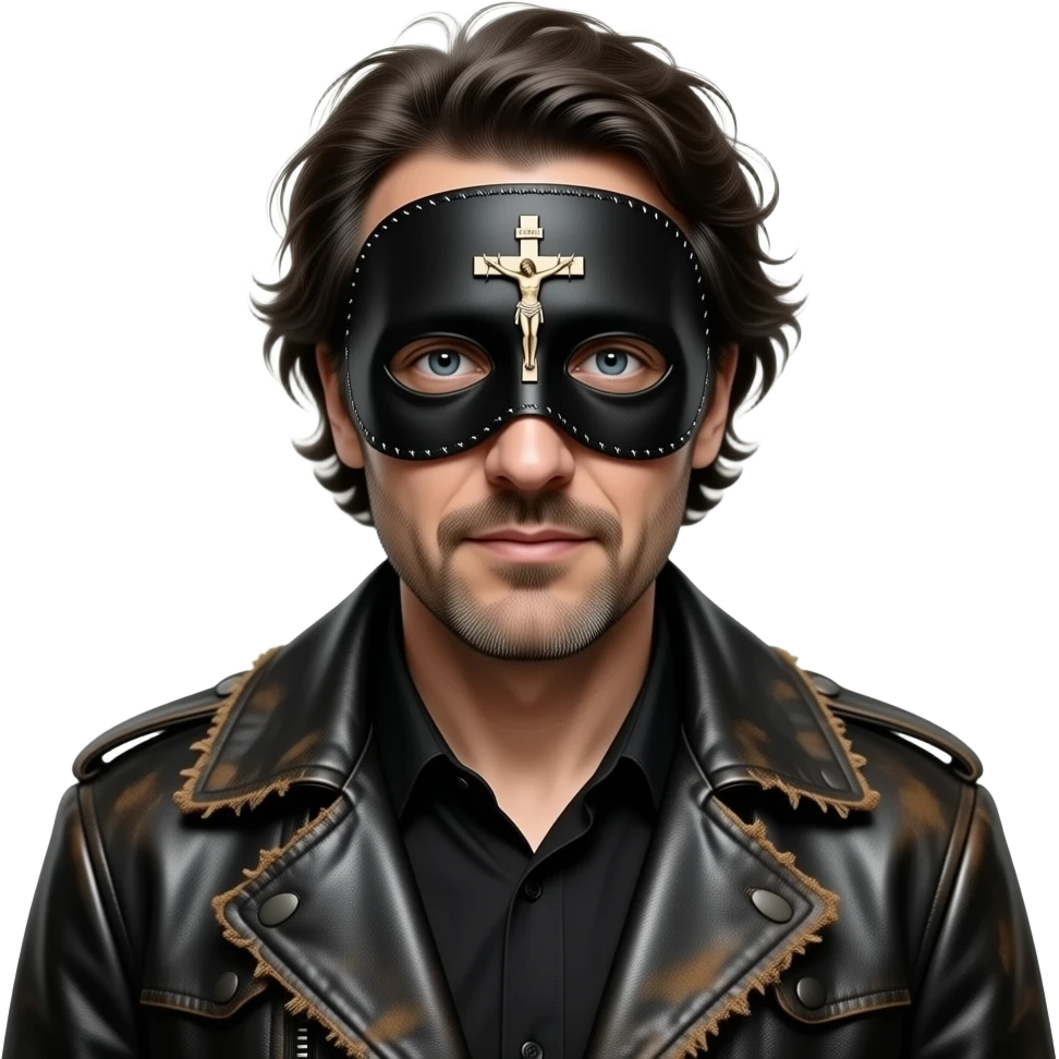 portrait of Joel-Peter Witkin, an American photographer known for his provocative and controversial works, he wears a small black mask with a crucifix over his eyes: a small crucifix is ​​sewn onto the black mask between the eyes of the portrait, he wears a worn leather coat and very disheveled hair emoji