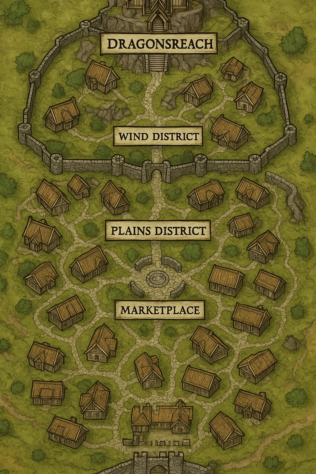A vertical overhead map of the town of whiterun from skyrim emoji