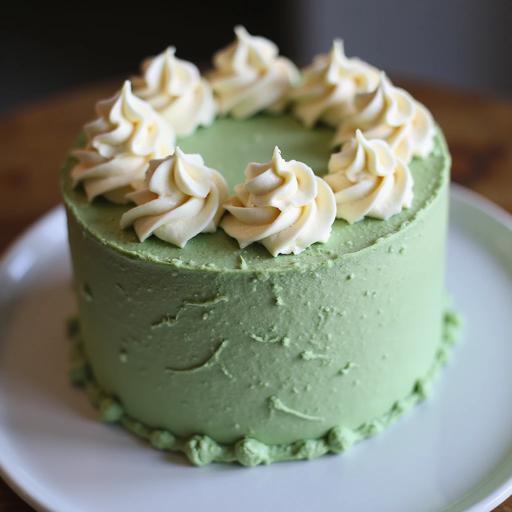 realistic round cake with matcha frosting and white chocolate curls, photorealistic style emoji