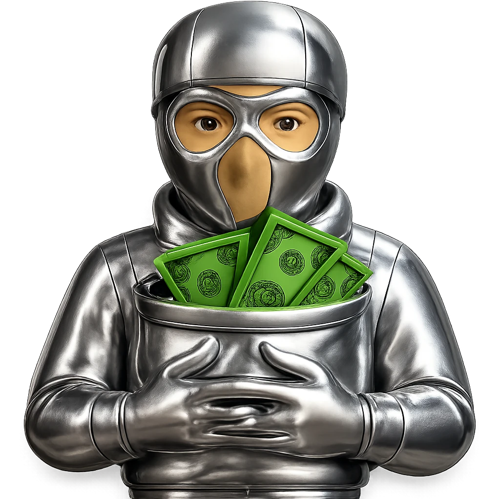 Edit the image to have a light tan face and green money, keep everything else in chrome 3D metallic style, no background. emoji