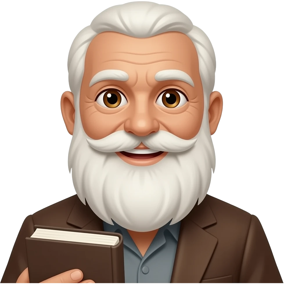 wise old man light brown skin hazel eyes white beard smile with Bible emoji