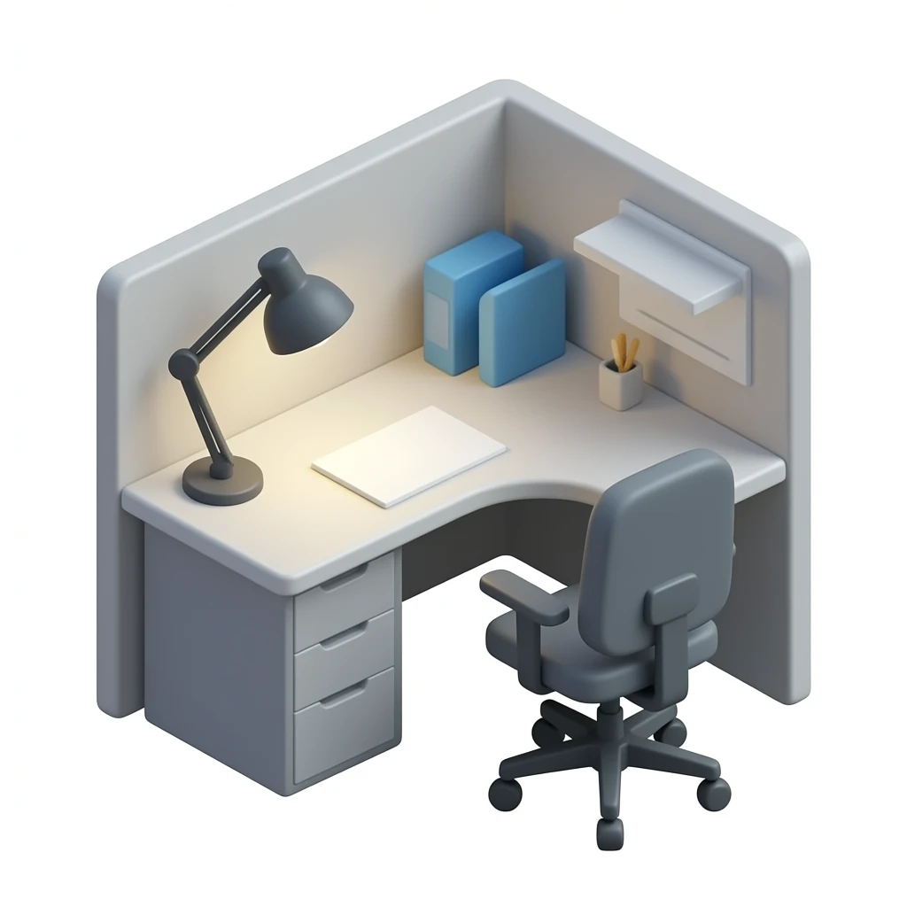 Apple-style 3D emoji icon, cubicle desk at 45° isometric angle, desk lamp on, ergonomic office chair, minimal workspace, rounded shapes, soft gradients, iPhone emoji aesthetic, neutral off-white background, high-resolution PNG. emoji