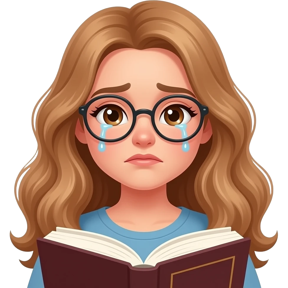 detailed emoji illustration of a curvy woman with long light brown wavy hair, light brown eyes and round glasses reading a book with tears in her eyes, emotional reading moment, cute emoji style emoji