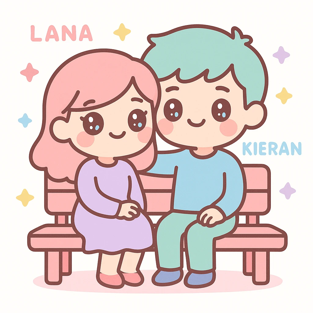 Lana and Kieran as a couple, sitting together on a park bench, in a cozy storybook style emoji