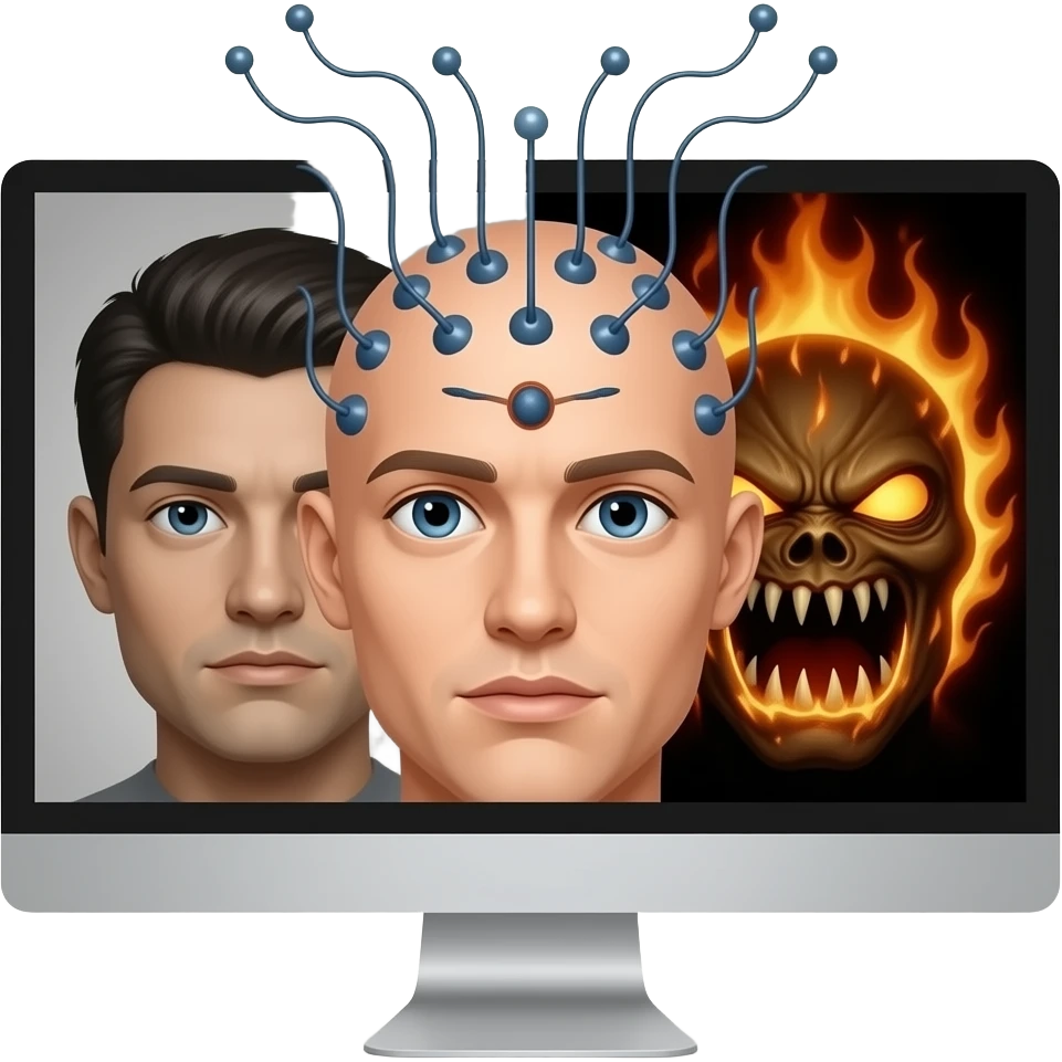 Kopf mit EEG schaut auf Bildschirm mit neutralem und gefährlichem Bildern Psychologie emoji